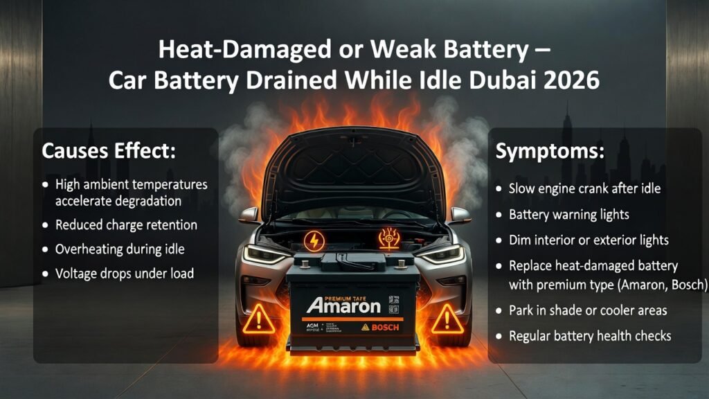Modern SUV in Dubai with heat-damaged or weak battery showing overheating and voltage instability while parked; infographic highlights causes, effects, symptoms, and preventive solutions with a premium branded battery.