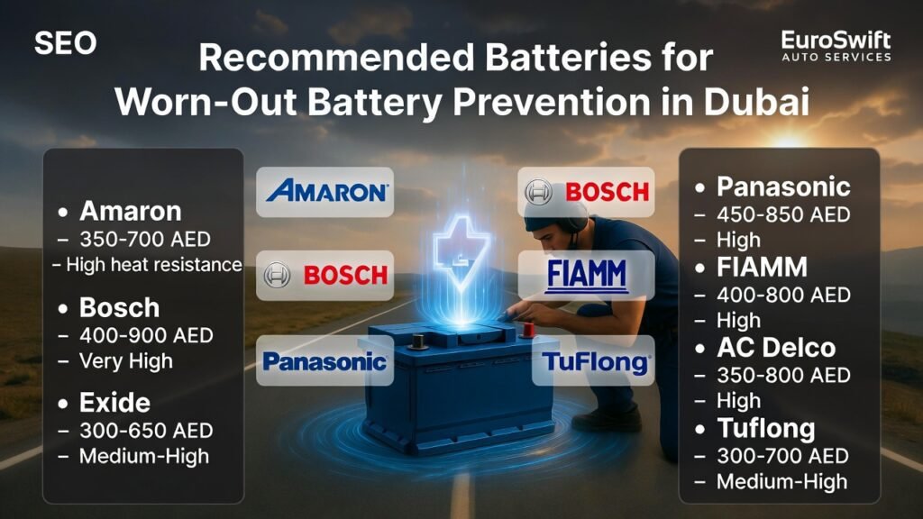 Premium car batteries for Dubai conditions, including Amaron, Bosch, Exide, Panasonic, FIAMM, AC Delco, and Tuflong, highlighting heat resistance and voltage stability.