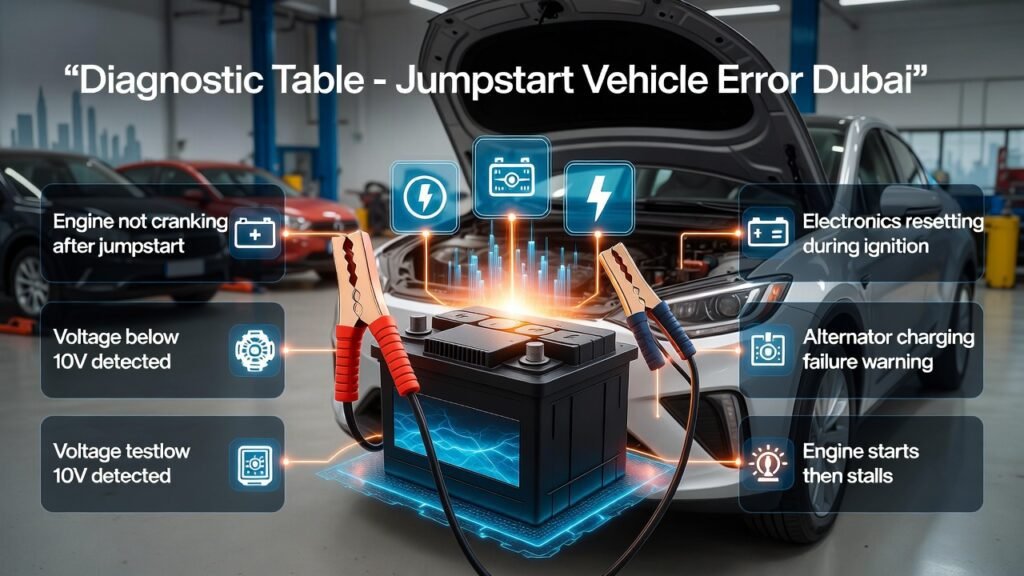 Diagnostic Table β Jumpstart Vehicle Error Dubai Diagnostic table jumpstart vehicle error Dubai showing car battery diagnostics and common vehicle starting problems.
