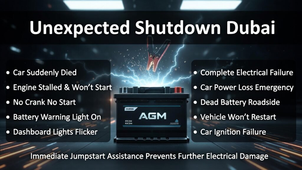 Premium 4K automotive infographic titled Unexpected Shutdown Dubai, featuring a central high-performance car battery image with electric glow effects and driver-experienced shutdown symptoms listed on both sides in a modern luxury design.