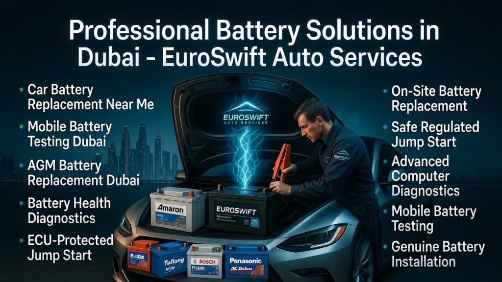 Infographic showing professional battery solutions in Dubai by EuroSwift Auto Services, highlighting safe jump start, on-site battery replacement, mobile testing, ECU protection, and premium branded battery installation.