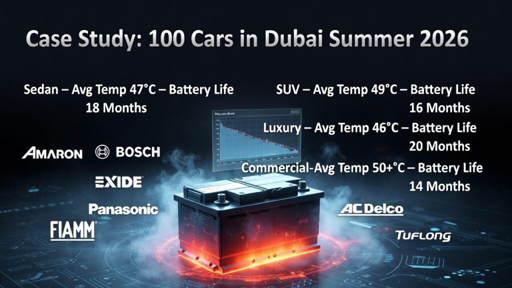 “Feature image illustrating a case study of 100 cars in Dubai summer 2026 showing battery life affected by heat with title on top, key study data on sides, and premium animated battery brand logos in the center.”