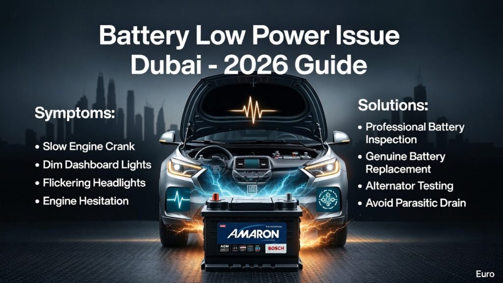 Modern SUV in Dubai showing battery low power issue, dim dashboard lights, weak engine crank, and professional branded battery replacement infographic 2026.