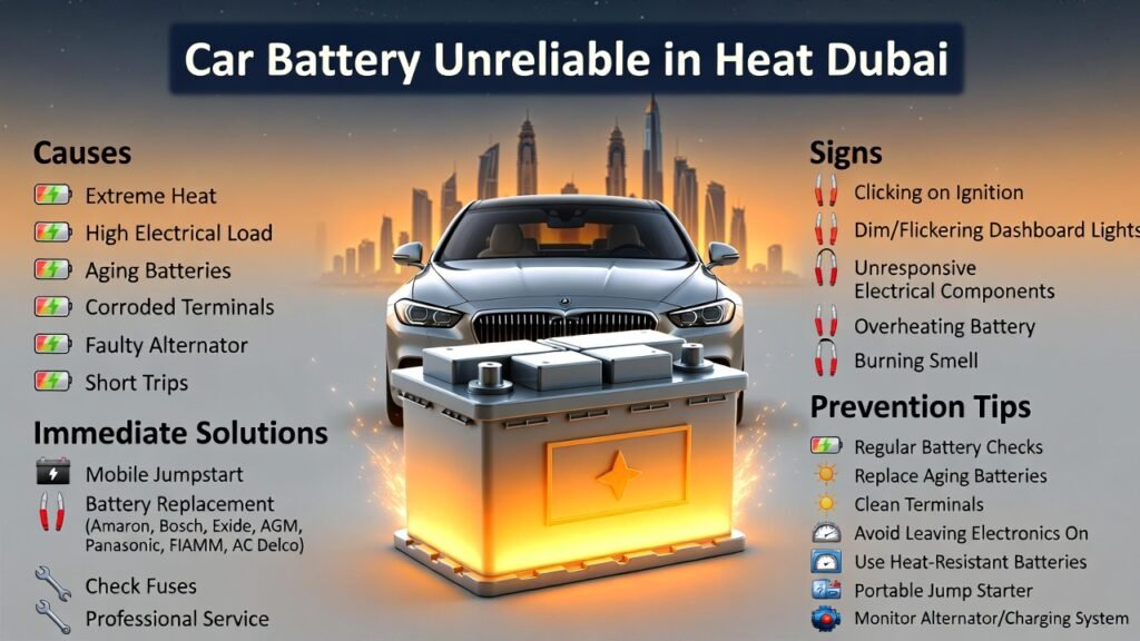 "Animated infographic showing car battery unreliability in Dubai heat, featuring a central glowing battery, luxury branded car, and key causes, signs, solutions, and prevention tips displayed as bullet points on the sides."