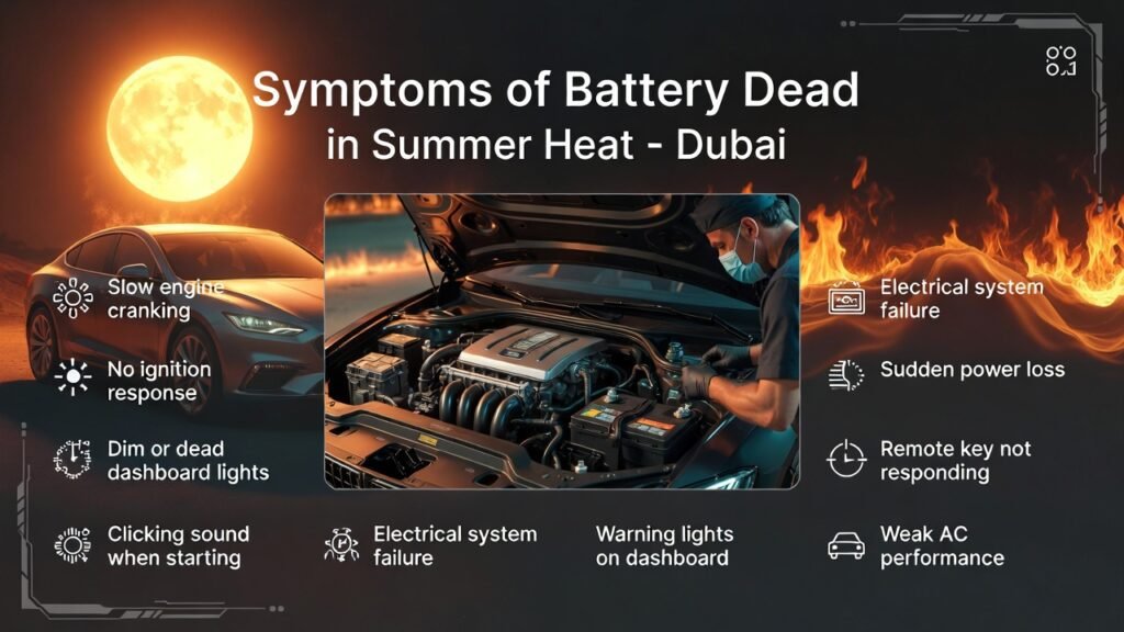 Infographic showing a luxury car battery being inspected in extreme Dubai summer heat, with key symptoms of a dead battery displayed around the image in a modern visual layout.
