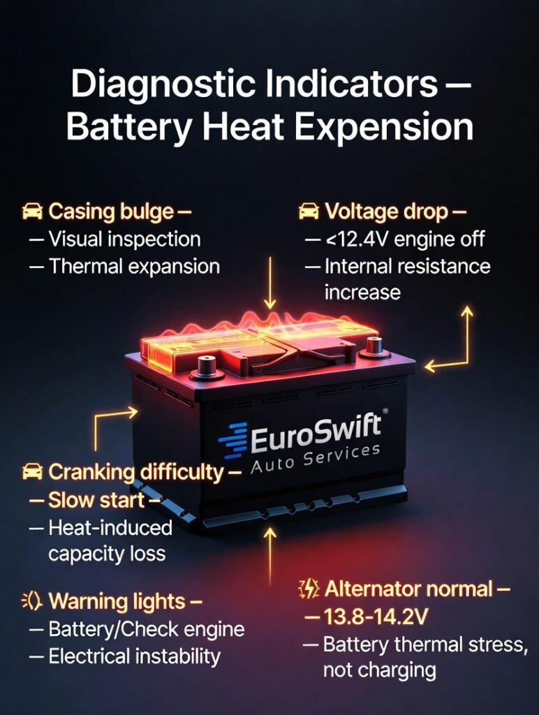 Infographic showing diagnostic indicators of battery heat expansion with central branded car battery and side bullet points listing casing bulge, voltage drop, cranking difficulty, alternator normal, and warning lights.