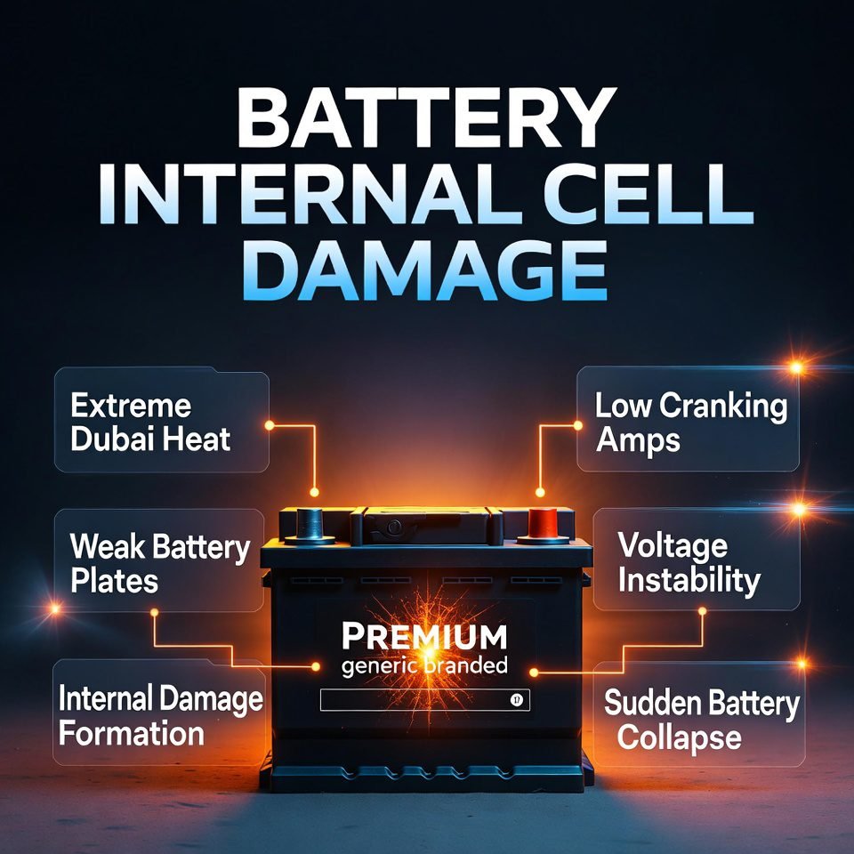Premium car battery showing internal cell damage effects with highlighted symptoms including low cranking amps, voltage instability, and sudden battery collapse in Dubai heat conditions.