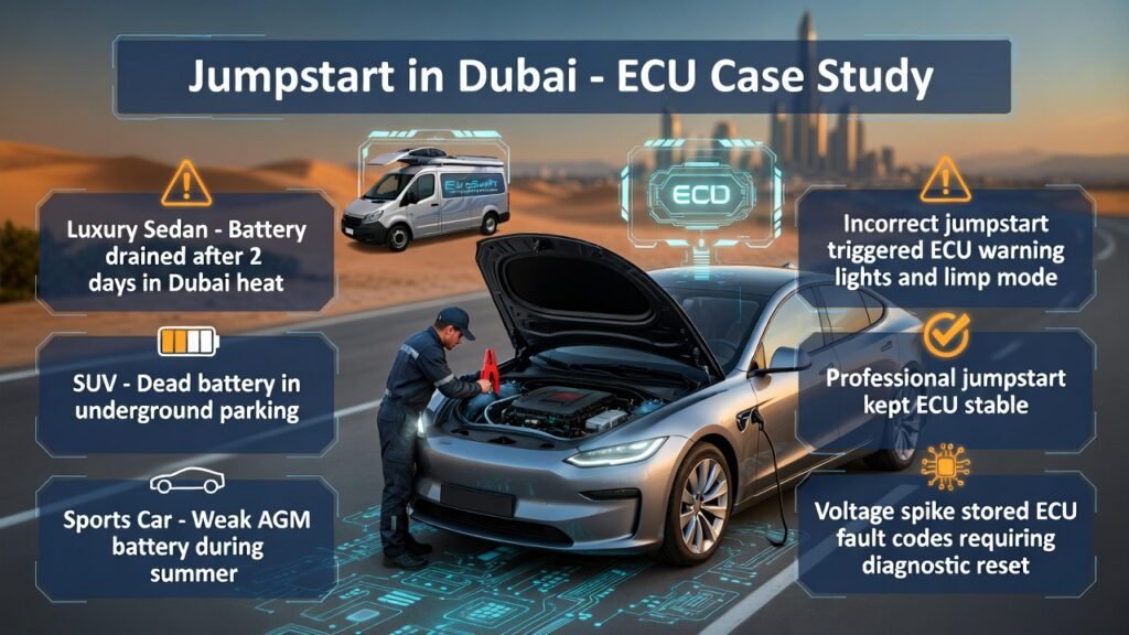 Jumpstart in Dubai ECU Case Study โ Real Vehicle Battery Jumpstart Scenarios Jumpstart in Dubai case study showing how improper jumpstart can affect ECU systems in luxury sedan, SUV, and sports car vehicles.