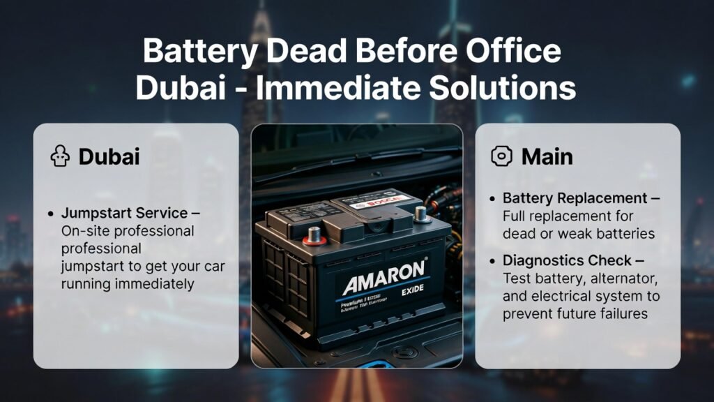 “Battery Dead Before Office Dubai – Animated user guide showing premium car battery with immediate solutions displayed on sides and Dubai cityscape in background.”