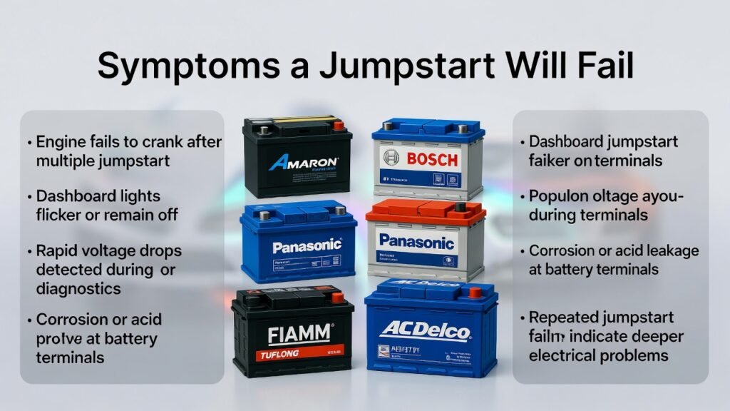 “User guide infographic showing symptoms a jumpstart will fail, with side panels for key points and central battery brand visuals in animated professional style.”