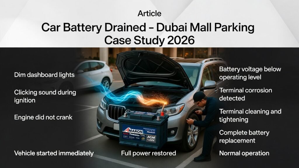 Luxury SUV battery drained in Dubai Mall parking lot showing technician inspecting and cleaning battery terminals with infographic points highlighting symptoms, diagnosis, and actions taken.