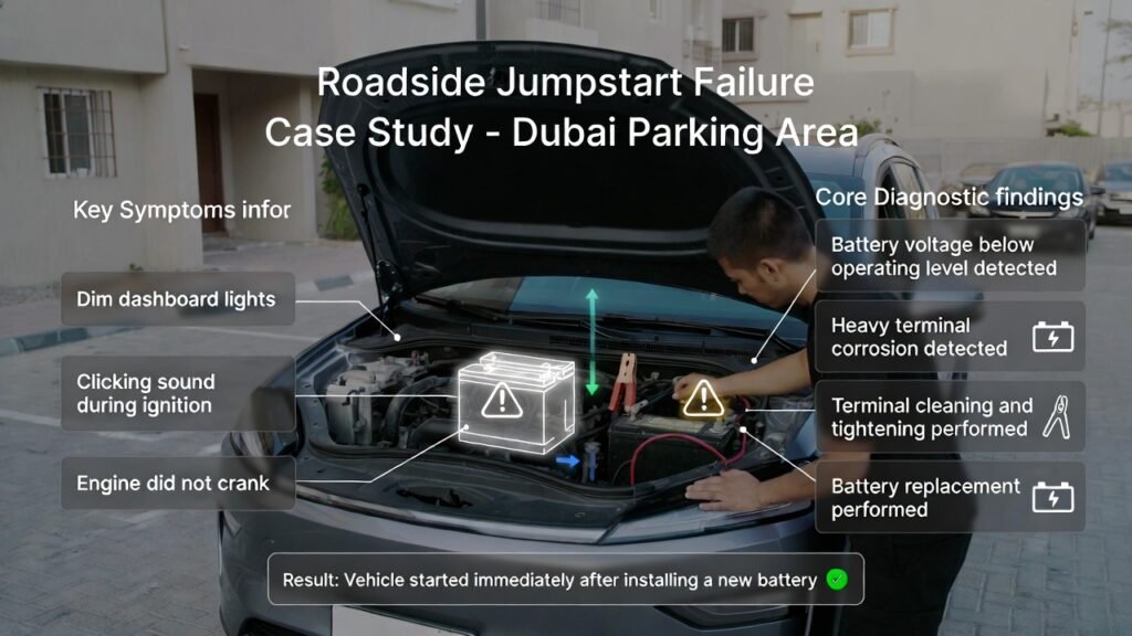 Roadside jumpstart failure case study in Dubai showing a mid size SUV with open hood while a technician inspects a corroded battery and jumper cables.