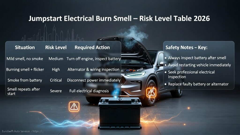 Risk level table for jumpstart electrical burn smell in Dubai showing situations, severity levels, and required actions with SUV and battery infographic.