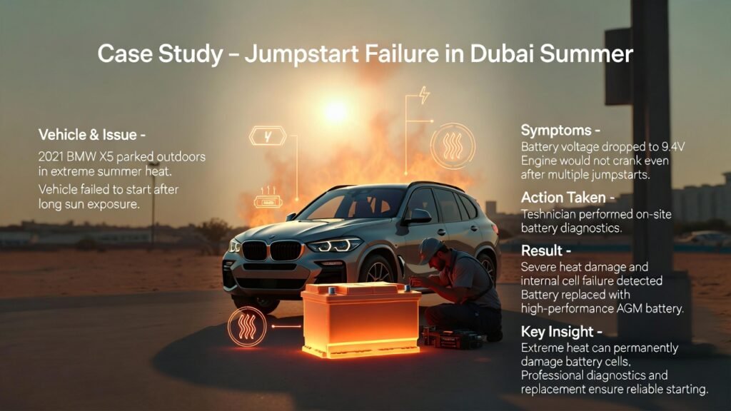 Infographic showing a case study of jumpstart failure in Dubai summer with a BMW X5 under extreme heat, a glowing AGM battery in the center, and side bullet points explaining symptoms, diagnostics, and results.