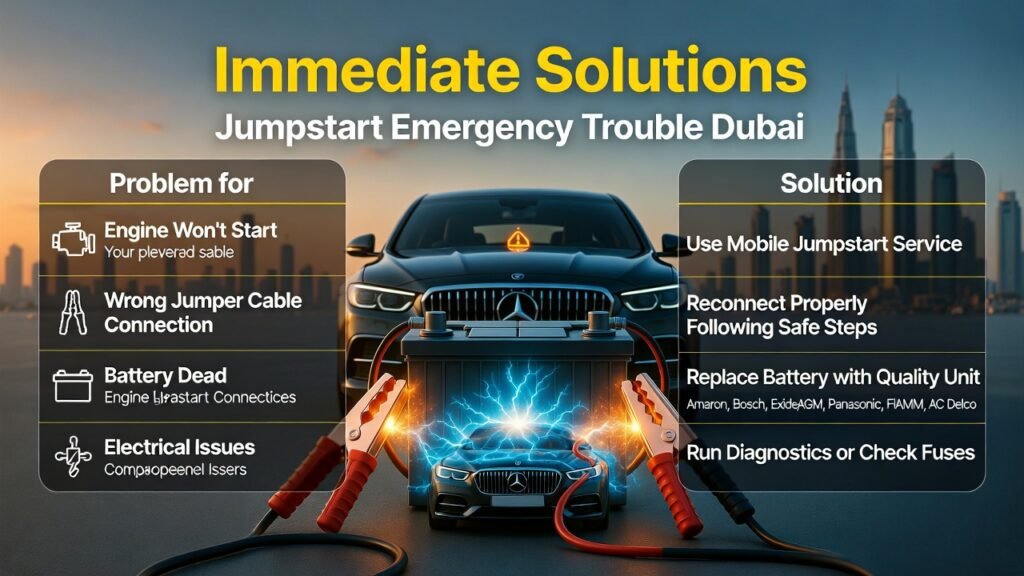 "Animated infographic showing immediate solutions for jumpstart emergency trouble in Dubai, featuring a central car battery with jumper cables, luxury branded car, and a problem-solution table displayed on the sides."