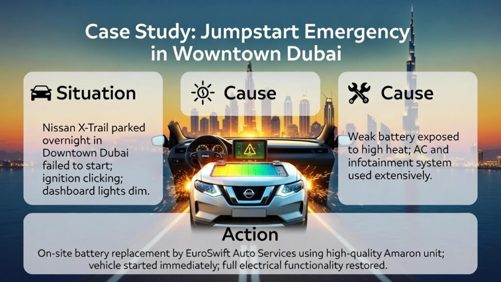 "Animated infographic showing a case study of jumpstart emergency in Downtown Dubai, featuring a Nissan X-Trail with battery stress, dashboard warning lights, and key points displayed as bullet points on the sides."