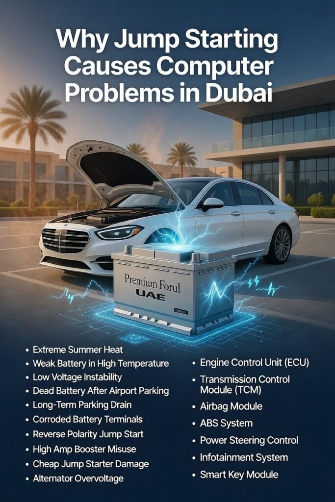 Infographic showing how jump starting in Dubai heat causes ECU damage, voltage spikes, and electronic module problems in modern cars.