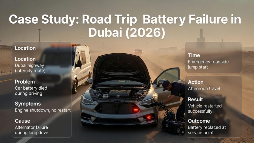 Luxury car breakdown on Dubai highway during road trip with technician diagnosing battery and alternator failure