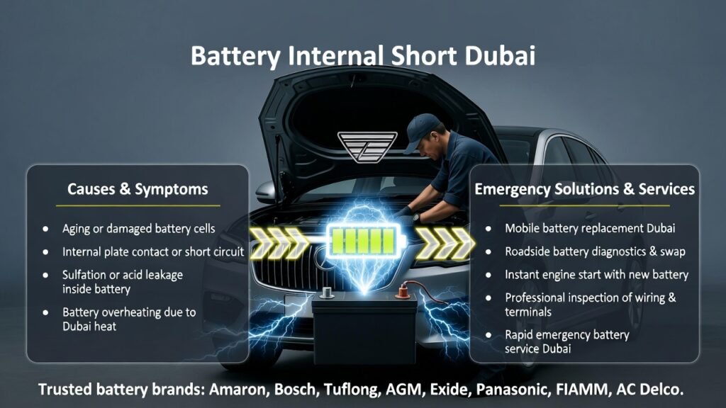 Infographic showing a luxury car in Dubai with a technician inspecting or replacing a battery, highlighting internal short causes, symptoms, and emergency replacement services.