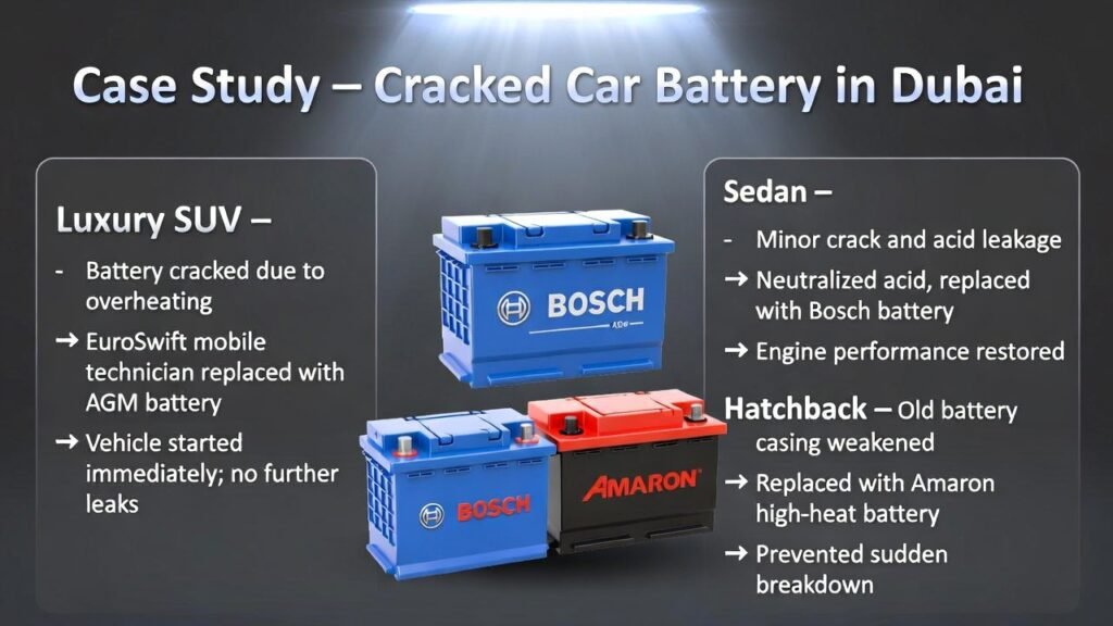 Case Study – Cracked Car Battery in Dubai – User Guide “User guide infographic showing case study of cracked car batteries in Dubai, with side panels for vehicle types, issues, actions, and results, and central battery brand visuals in animated professional style.”
