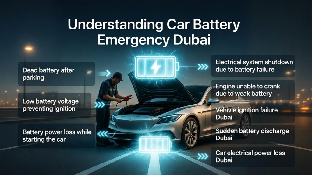 Understanding Car Battery Emergency Dubai Understanding Car Battery Emergency Dubai infographic showing a luxury vehicle being jump-started by a technician, with key causes like dead battery, low voltage, and electrical shutdown highlighted.