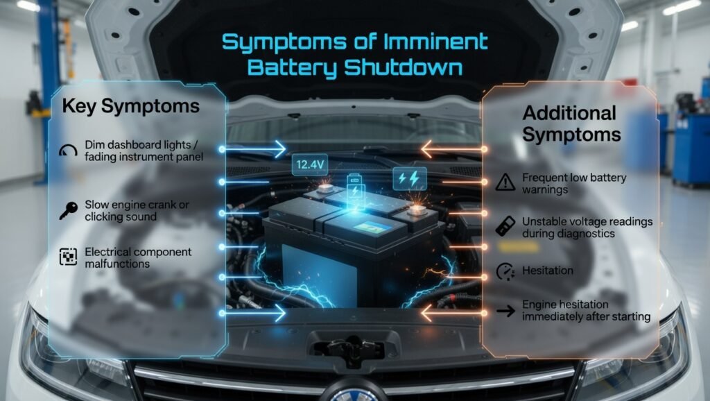Automotive infographic showing symptoms of imminent battery shutdown with dim dashboard lights, slow engine crank, electrical malfunctions, and engine hesitation.