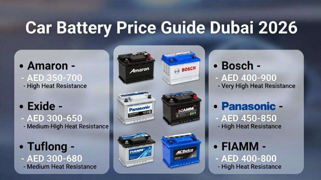 Car Battery Price Guide Dubai 2026 – User Guide “User guide infographic showing car battery price ranges and heat resistance in Dubai 2026, side panels for brands and specifications, central battery brand visuals in animated professional style.”