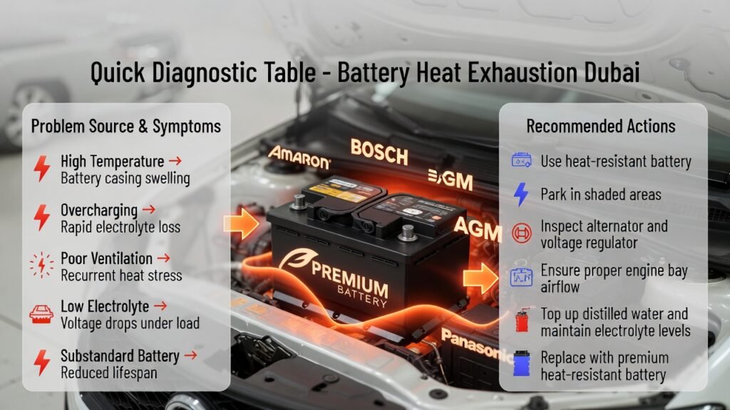 Infographic showing quick diagnostic table for battery heat exhaustion in Dubai, listing problem sources, symptoms, and recommended actions with premium battery visuals.