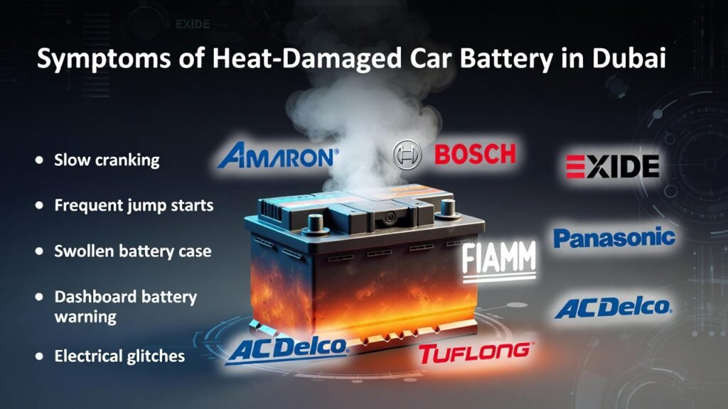 “Feature illustration showing symptoms of a heat-damaged car battery in Dubai with title on top, side bullet points for symptoms, and premium battery brand logos around a glowing animated battery.”