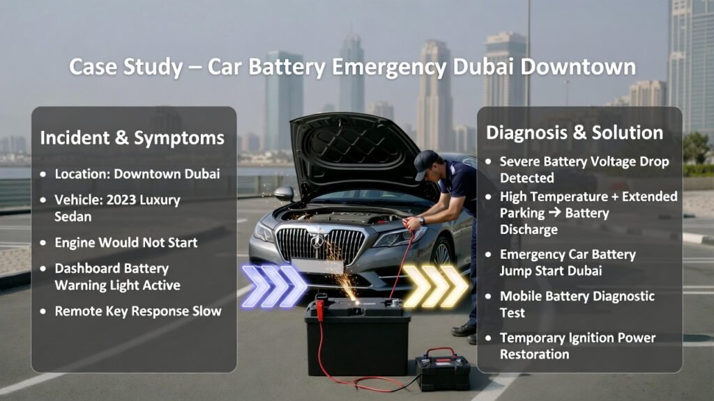 Case Study โ Car Battery Emergency Dubai Downtown Case study infographic showing a 2023 luxury sedan in Downtown Dubai undergoing emergency battery jump start, highlighting engine start failure and electrical power restoration.