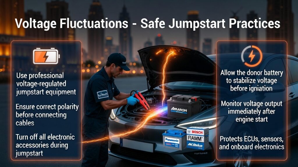 Safe jumpstart practices for preventing voltage fluctuations in Dubai vehicles, showing technician using professional equipment, ECUs and sensors protected, and premium batteries in focus.
