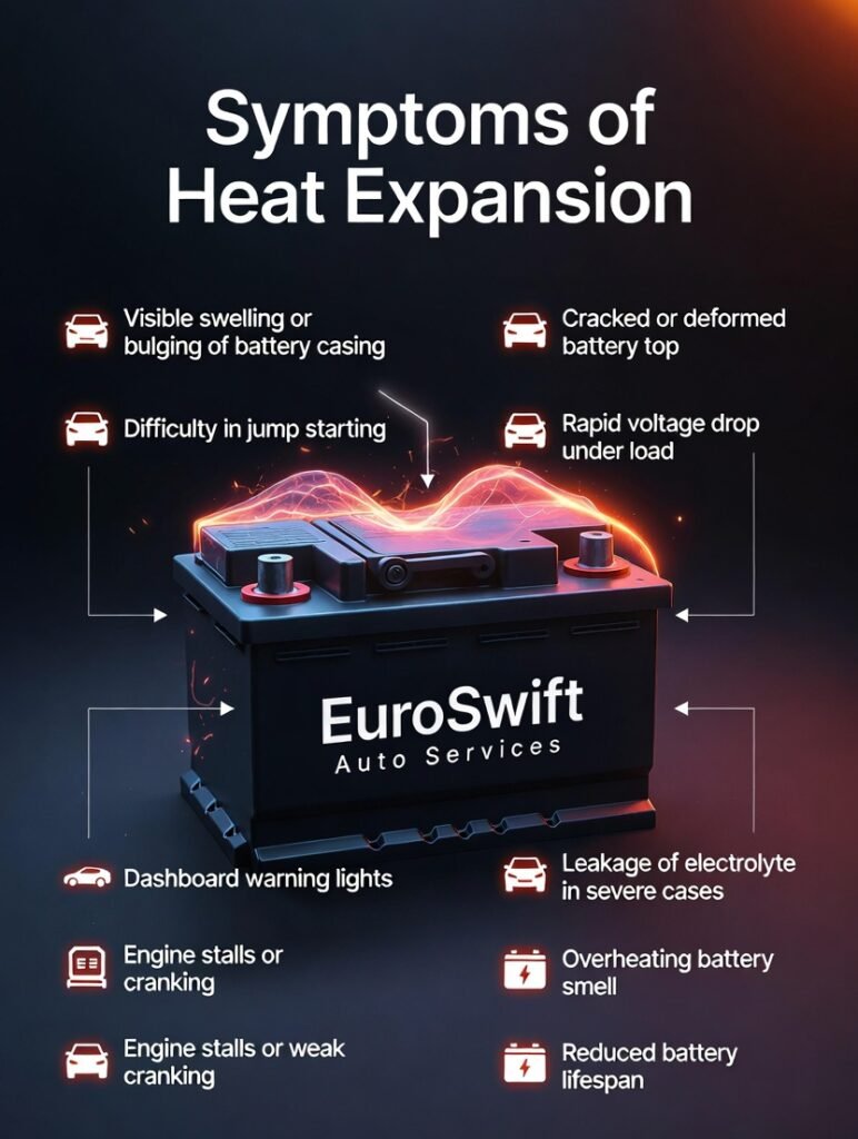 Infographic showing symptoms of battery heat expansion with central branded car battery and side bullet points for swelling, cracked top, voltage drop, jump start issues, dashboard warnings, engine stalls, electrolyte leakage, overheating smell, reduced lifespan, and unstable electrical systems.