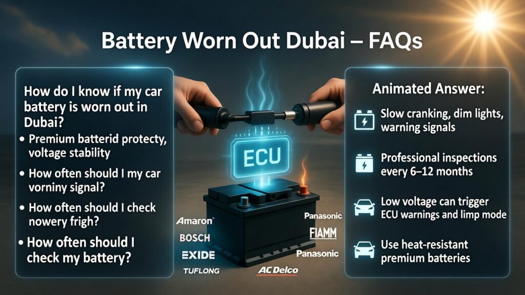 FAQs on worn-out car batteries in Dubai, showing EuroSwift Auto Services technician, premium batteries, and protective voltage effects.