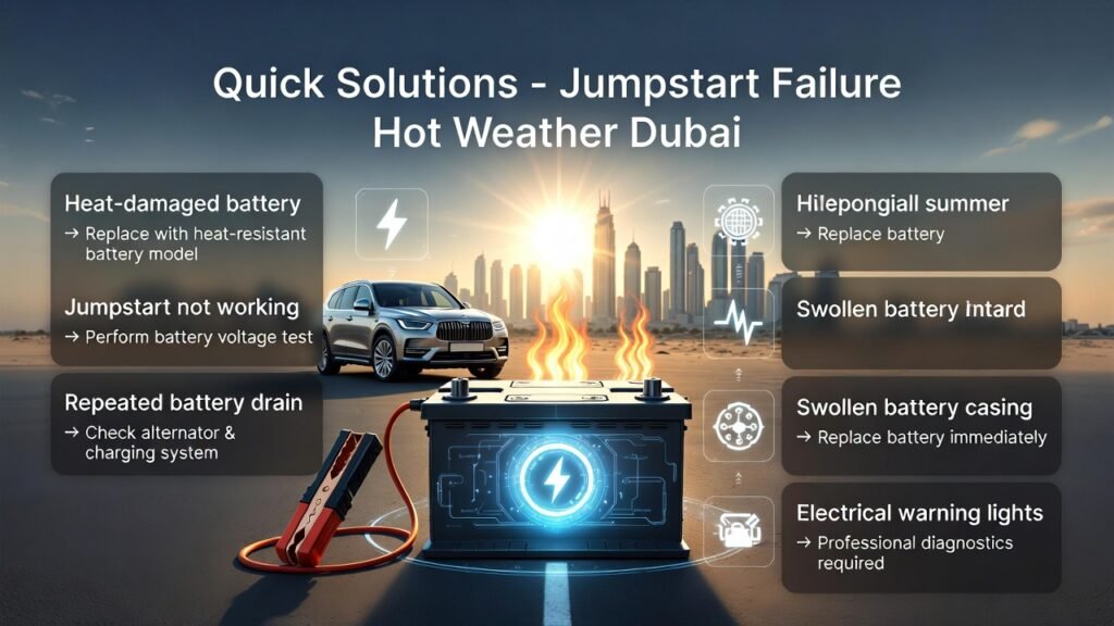 Infographic showing quick solutions for jumpstart failure in hot Dubai weather with a glowing car battery in the center and side bullet points explaining problems and immediate solutions.