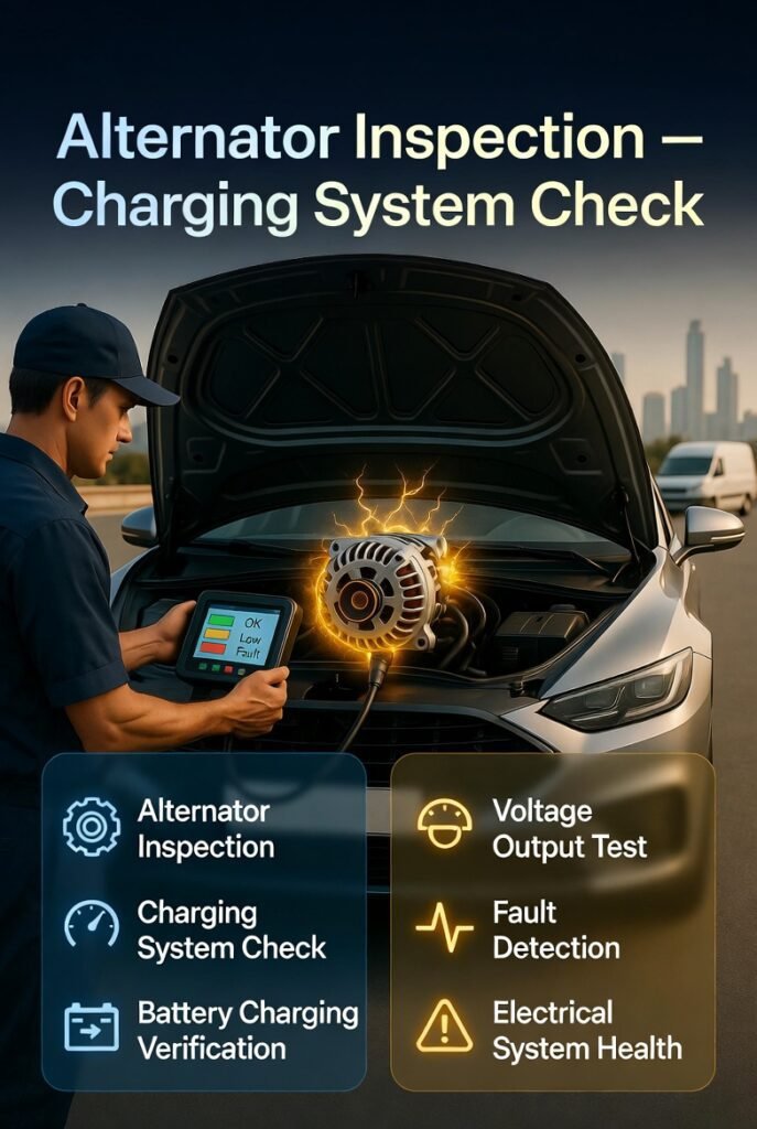Technician inspecting car alternator in Dubai using diagnostic tool while checking charging system performance and voltage output.