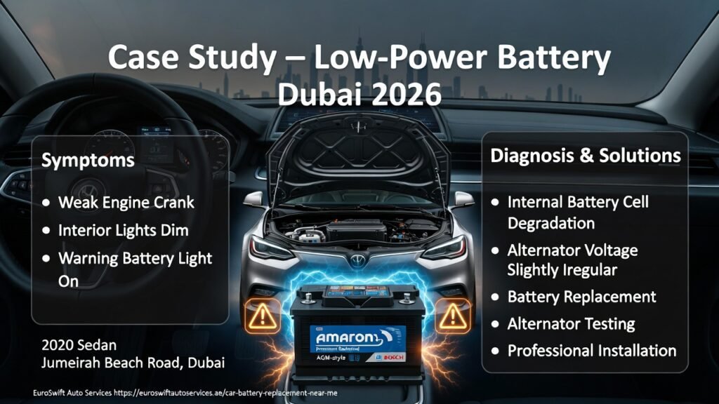 2020 Sedan on Jumeirah Beach Road, Dubai with low-power battery showing weak engine crank, dim interior lights, and dashboard warning; infographic displays diagnosis and professional solutions.