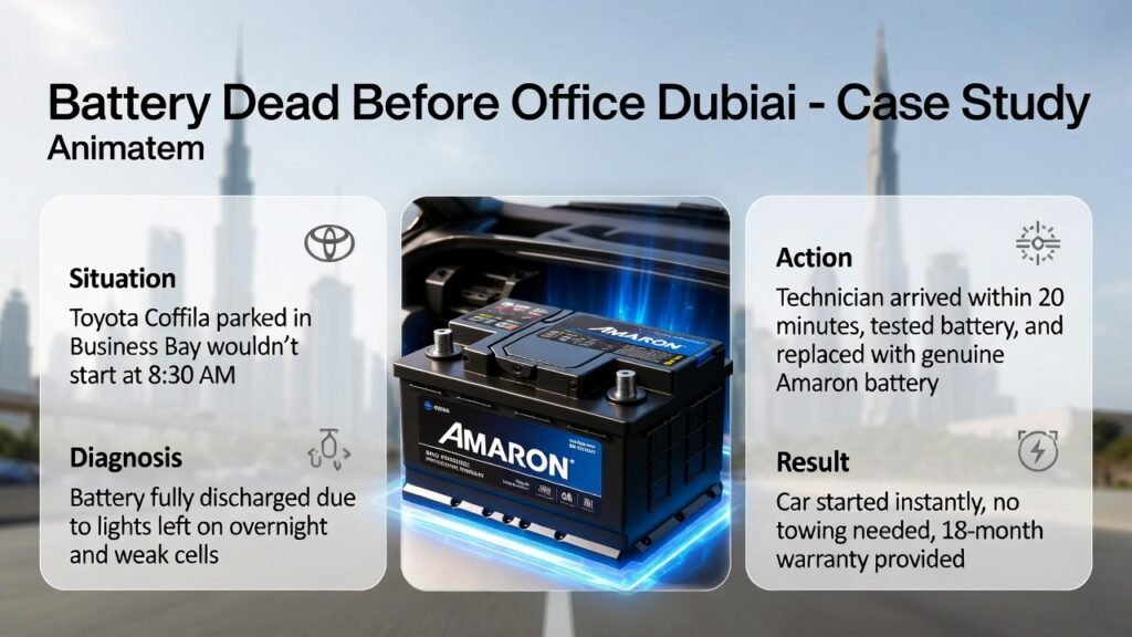 “Battery Dead Before Office Dubai – Animated case study showing a Toyota Corolla battery replacement by EuroSwift Auto Services, with key details displayed on sides and Dubai cityscape in the background.”