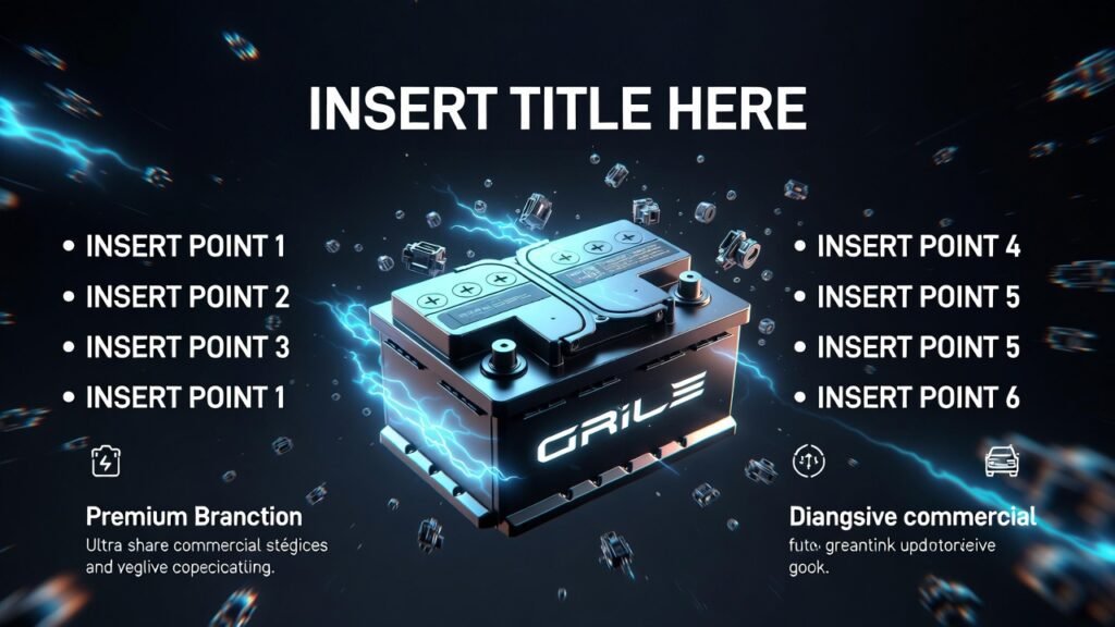 High-quality 4K feature image showing a central premium battery or car electronics, bold headline at the top, and key points from content displayed on left and right sides in a modern infographic layout with electric glow and animated-style accents.
