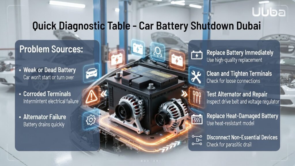 Infographic showing quick diagnostic table for car battery shutdown in Dubai with problem sources, symptoms, and recommended actions.
