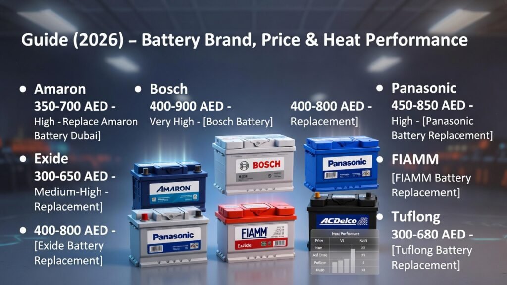 “Feature image showing 2026 car battery price guide with heat performance, title on top, side bullet points for brand, price, and heat rating, and animated battery brand visuals in the center.”