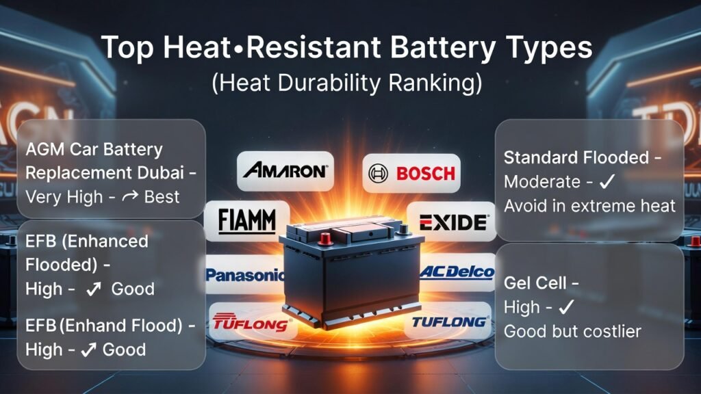 “Feature image showing top heat-resistant car battery types for Dubai with title on top, side bullet points for battery type and heat tolerance, and animated brand logos in the center.”