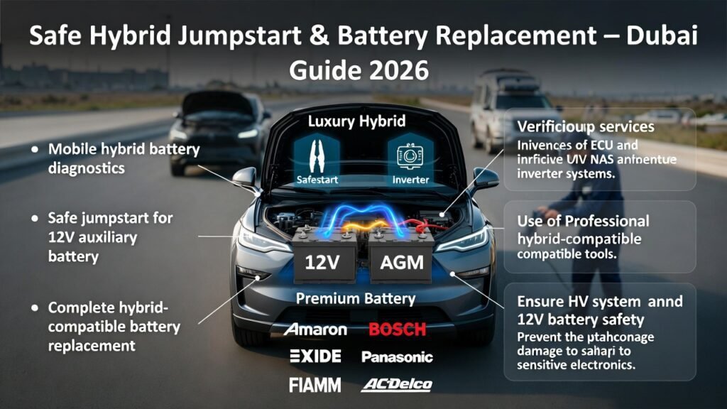 Luxury hybrid SUV parked in Dubai with hood open, technician performing safe hybrid battery diagnostics and replacement, with infographic points showing services and safety measures.