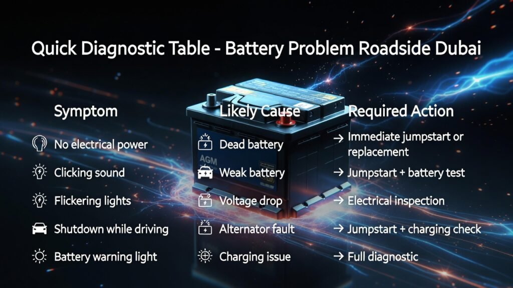 Premium 4K automotive infographic showing a quick diagnostic table for battery problems roadside in Dubai, with a central car battery visual, symptoms on the left, likely causes and required actions on the right, and subtle animated electric effects.