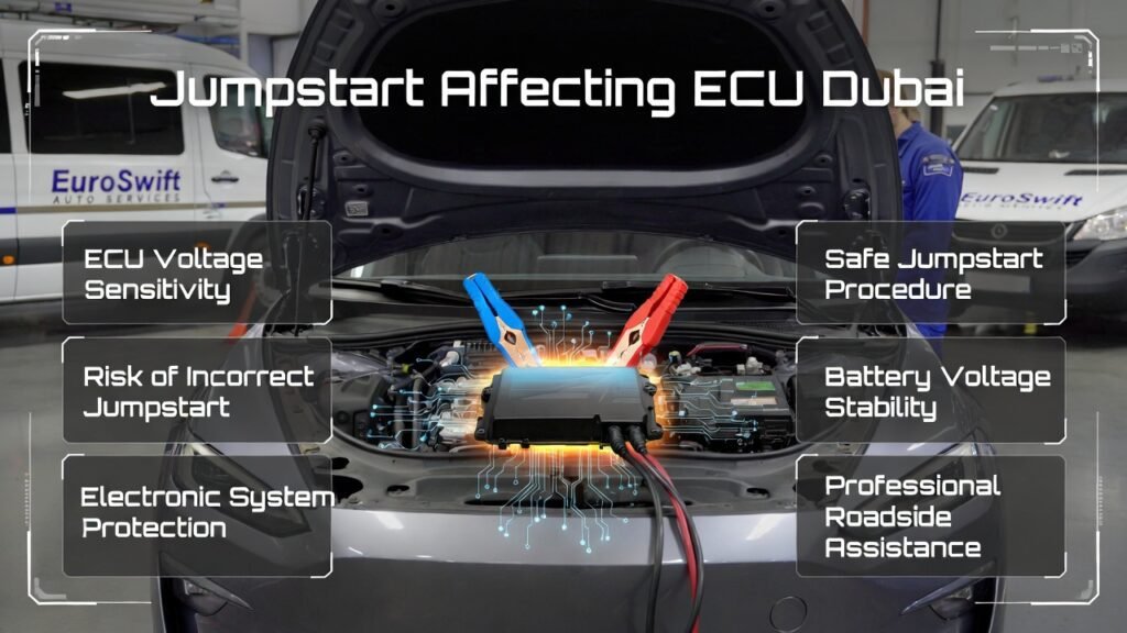 Jumpstart affecting ECU Dubai illustration showing a technician safely jumpstarting a car battery while highlighting ECU electronic system protection.