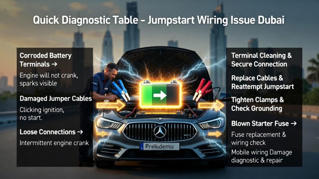 Quick Diagnostic Table β Jumpstart Wiring Issue Dubai Infographic showing a luxury car in Dubai being jump-started with a technician, highlighting wiring issues, symptoms, and corresponding jumpstart solutions.