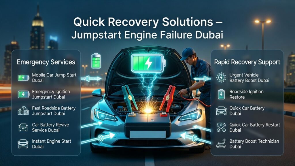 Quick Recovery Solutions for Jumpstart Engine Failure Dubai Jumpstart engine failure Dubai recovery solutions infographic showing technician performing mobile car battery jump start and roadside ignition restoration.