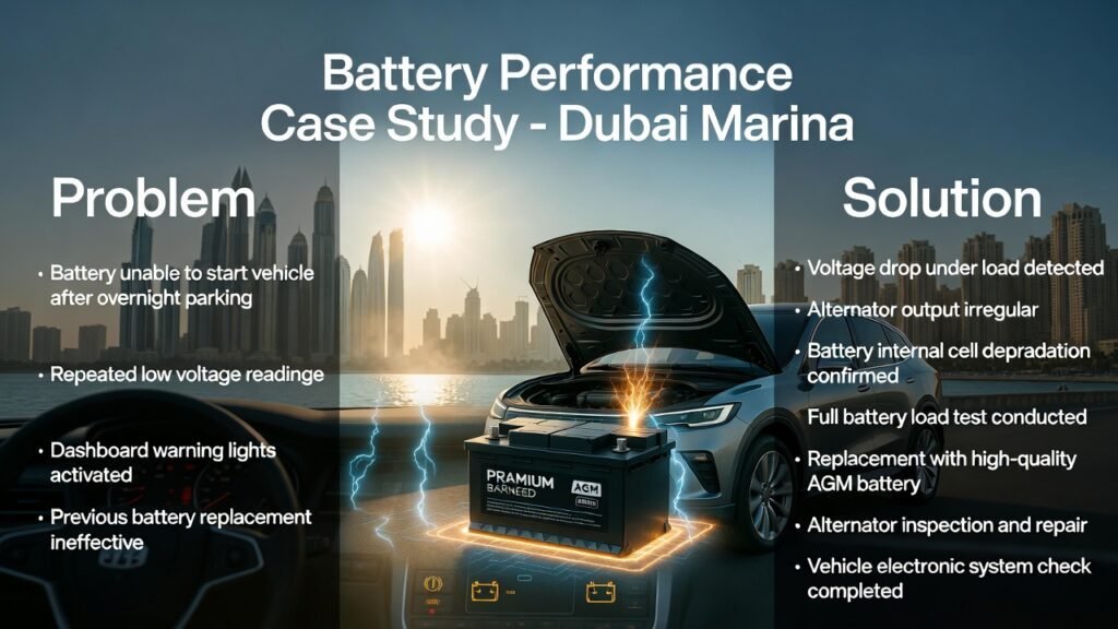 Infographic showing battery performance case study in Dubai Marina for a 2021 luxury SUV, highlighting battery failure, voltage drop, alternator issues, and AGM battery replacement resolution.