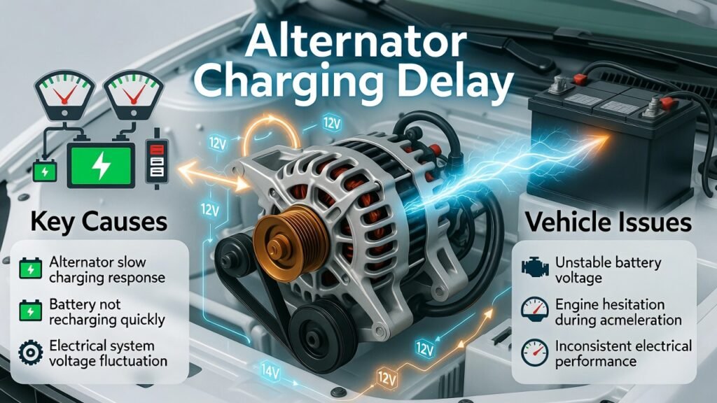 Alternator charging delay infographic showing alternator failing to recharge battery quickly causing voltage instability and engine hesitation