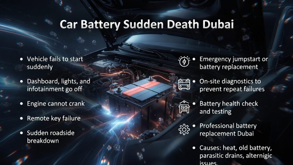 High-quality 4K infographic showing a central premium car battery or SUV battery compartment with electric glow accents, headline at the top, and key points about car battery sudden death in Dubai displayed on left and right sides.