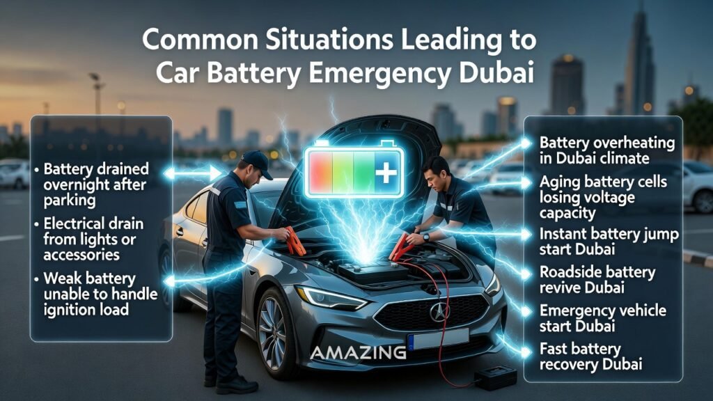 Common Situations Leading to Car Battery Emergency Dubai Infographic showing common situations leading to car battery emergency Dubai, with a technician jump-starting a luxury vehicle and key causes highlighted on side panels.